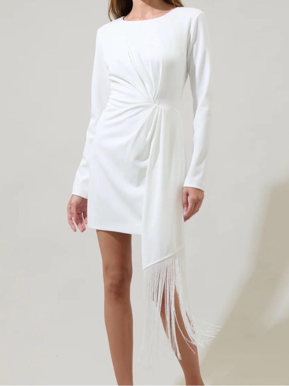 Sugarlips White Long Sleeve Fringe Accent Mini Dress